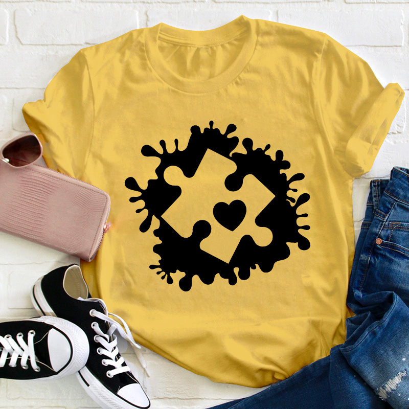 Puzzle Paint Splatter Autism Awareness Teacher T-Shirt