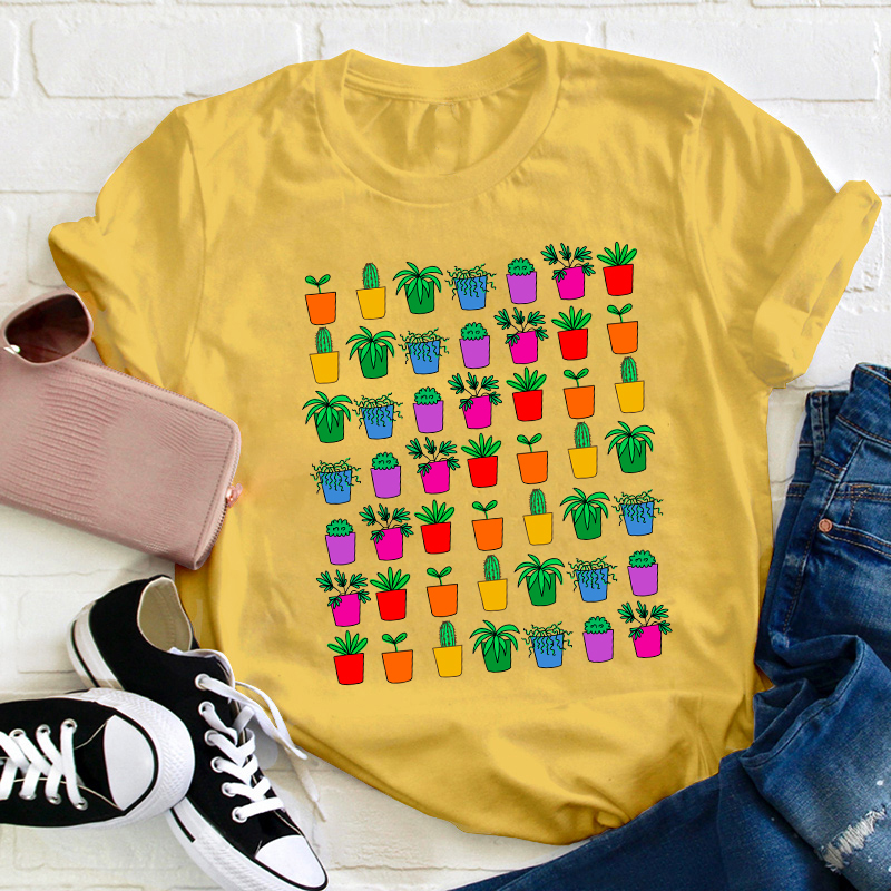 Colorful Potted Plant Teacher T-Shirt