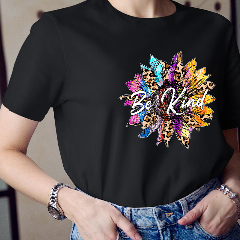 Be Kind Colorful Leopard Sunflower Teacher T-Shirt