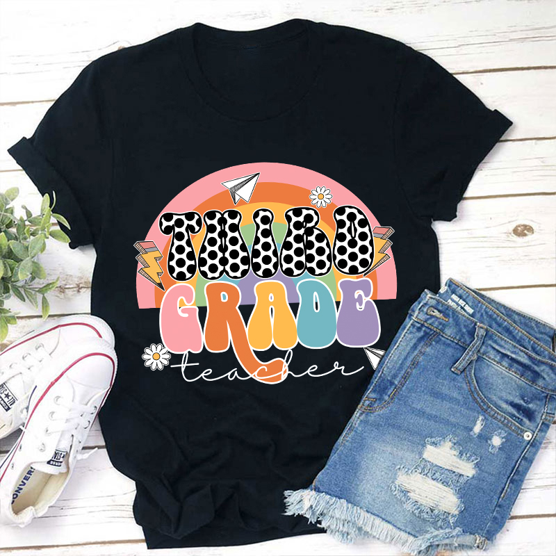 Personalized Grade Rainbow Black Dot Teacher T-Shirt