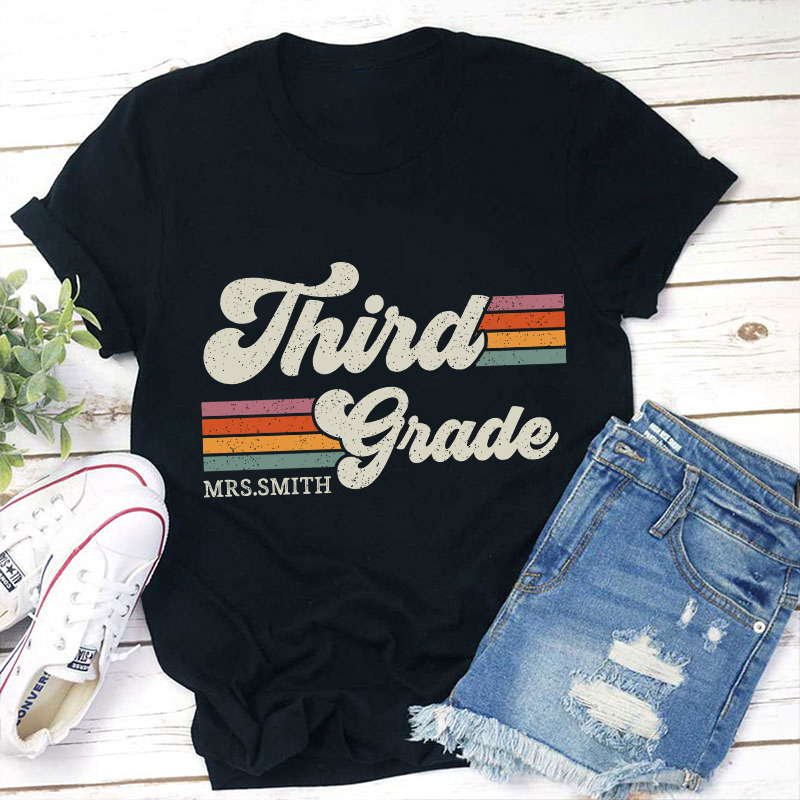 Personalized Grade And Name Retro Horizontal Stripes Teacher T-Shirt