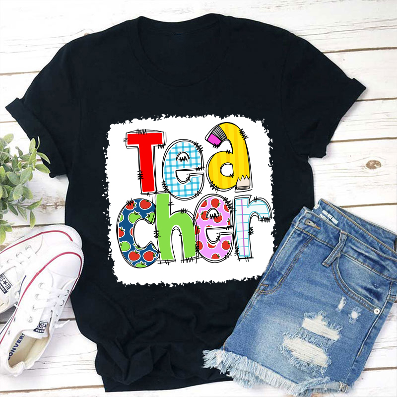 Teacher Letter Pencil Apple Pattern T-Shirt