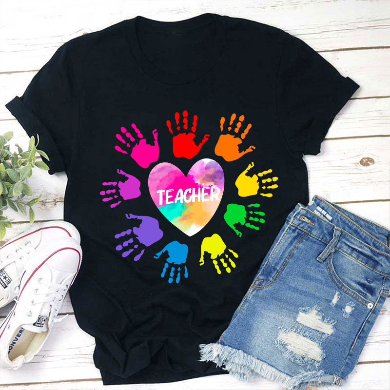 LatestPersonalized Colorful Hands Teacher T-Shirt for Sale-Teachersgram