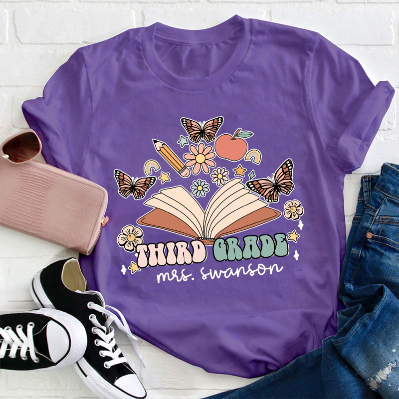 Personalized Name And Grade Books Flowers Butterflies Teacher T-Shirt