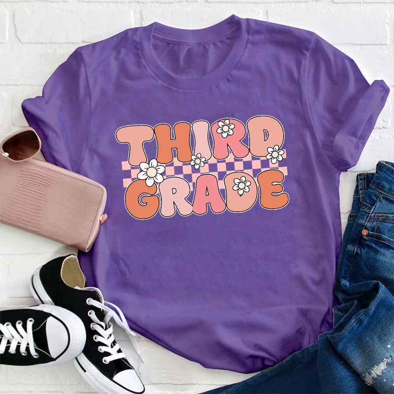Personalized Grade Pink Flowers Teacher T-Shirt