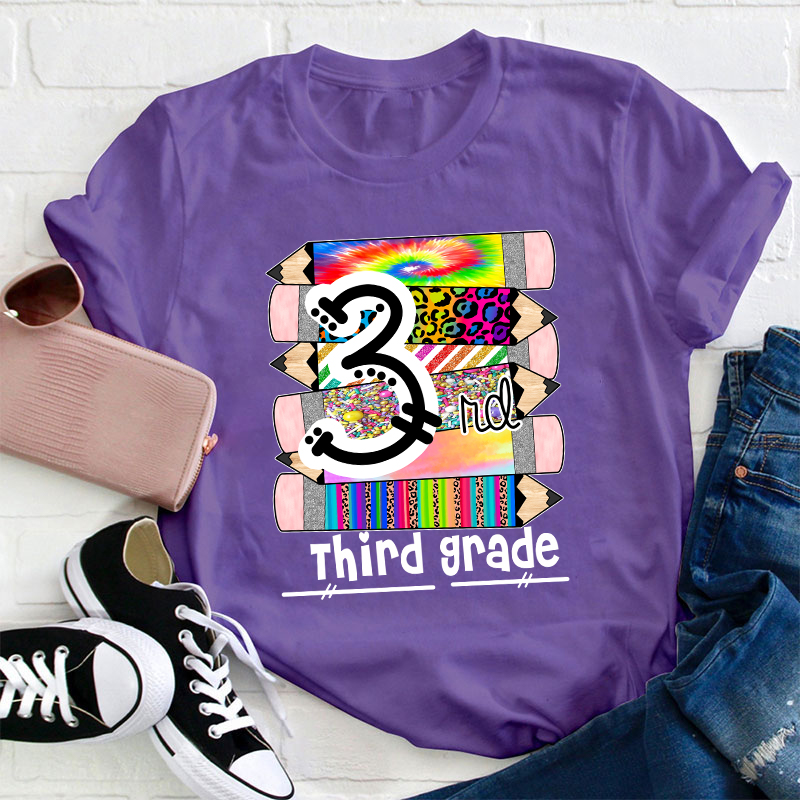 Personalized Grade Brilliant Colors Pencils Teacher T-Shirt