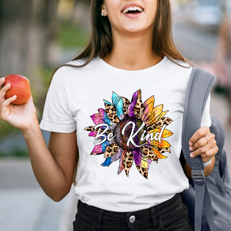 Be Kind Colorful Leopard Sunflower Teacher T-Shirt