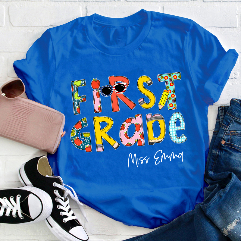 Personalized Name And Grade Colorful Crayon Teacher T-Shirt
