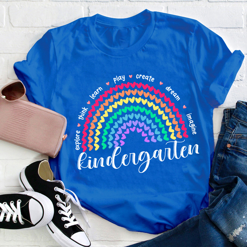 Personalized Grade Kindergarten Explore Think Learn Teacher T-Shirt