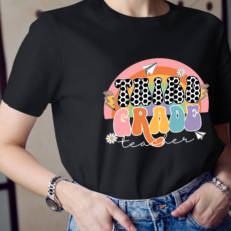 Personalized Grade Rainbow Black Dot Teacher T-Shirt