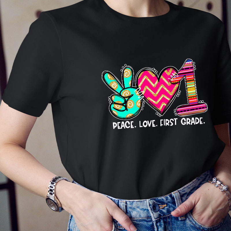Personalized Grade Peace Love Teacher T-Shirt