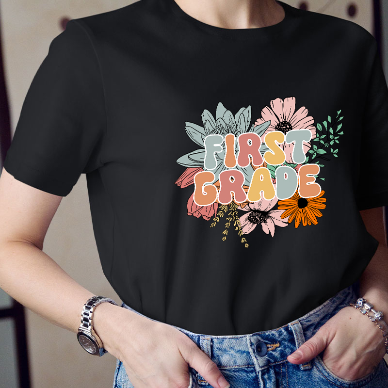 Personalized Grade Flowers Teacher T-Shirt