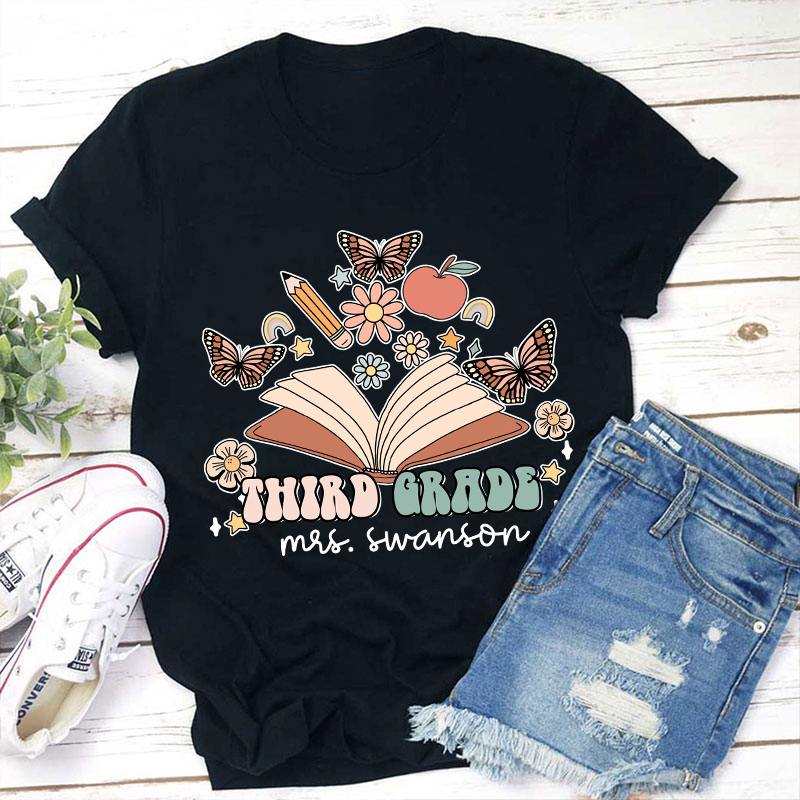 Personalized Name And Grade Books Flowers Butterflies Teacher T-Shirt