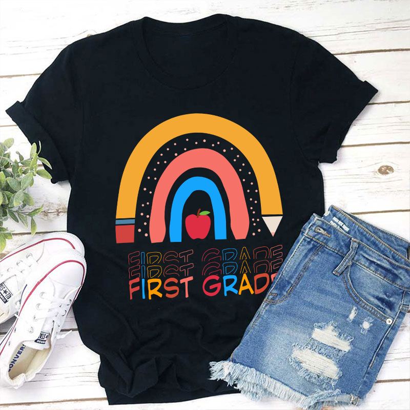 Personalized Grade Pencil Apple Rainbow A Teacher T-Shirt