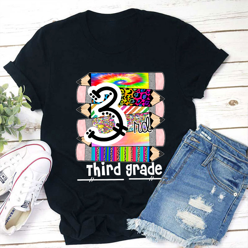 Personalized Grade Brilliant Colors Pencils Teacher T-Shirt