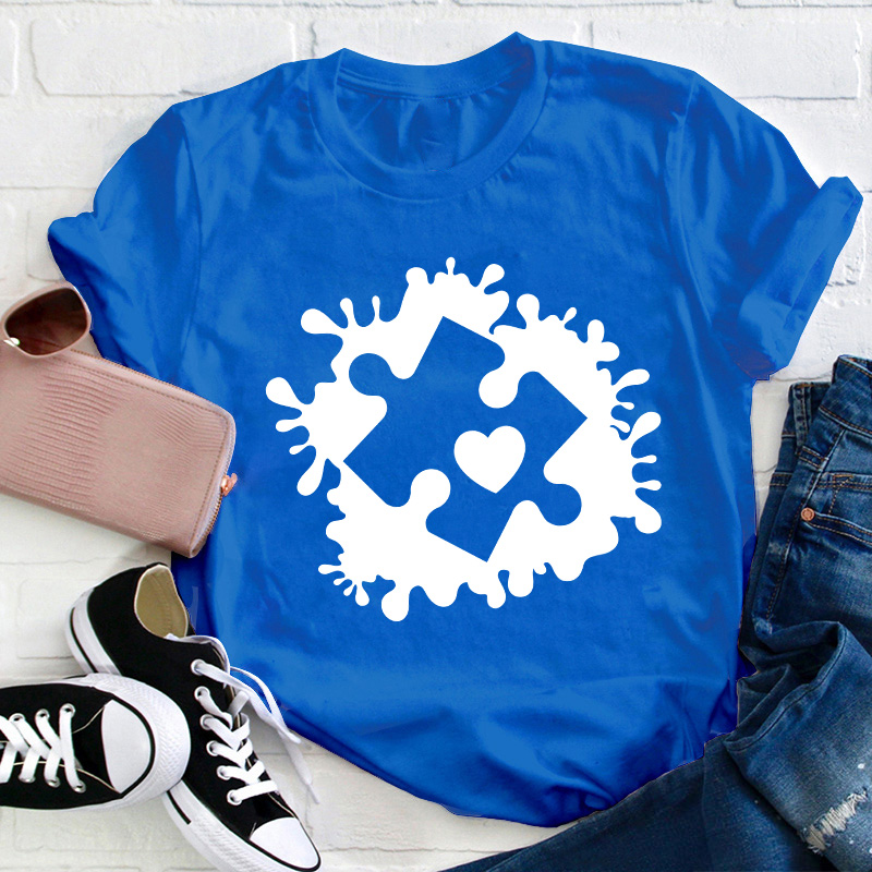 Puzzle Paint Splatter Autism Awareness Teacher T-Shirt Sale-Teachersgram