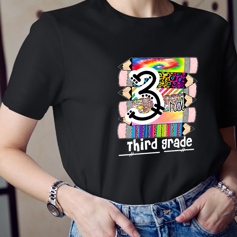 Personalized Grade Brilliant Colors Pencils Teacher T-Shirt