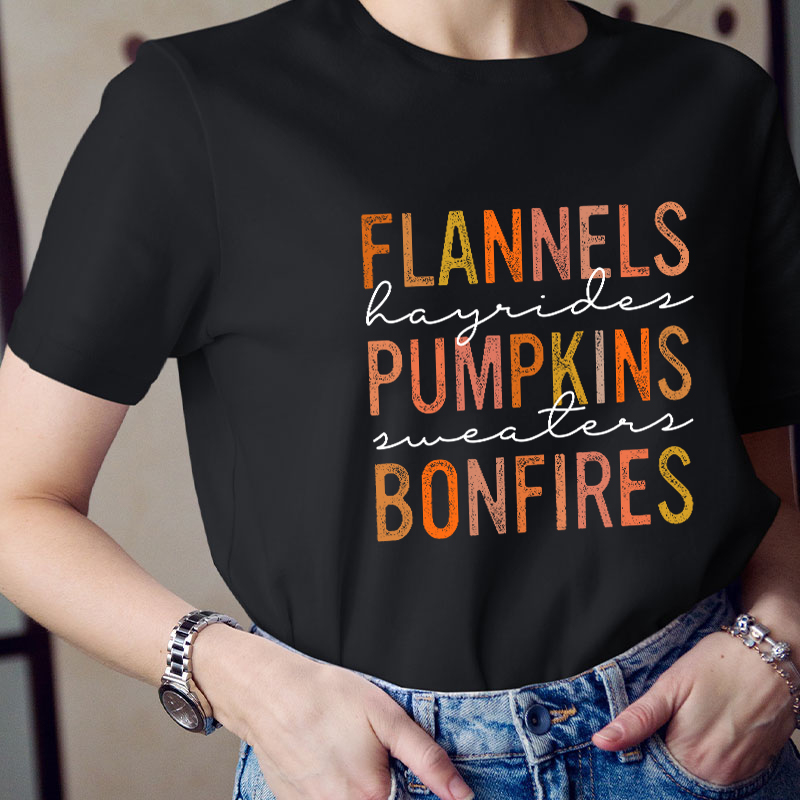 Flannels Pumpkins Bonfires Teacher T-Shirt