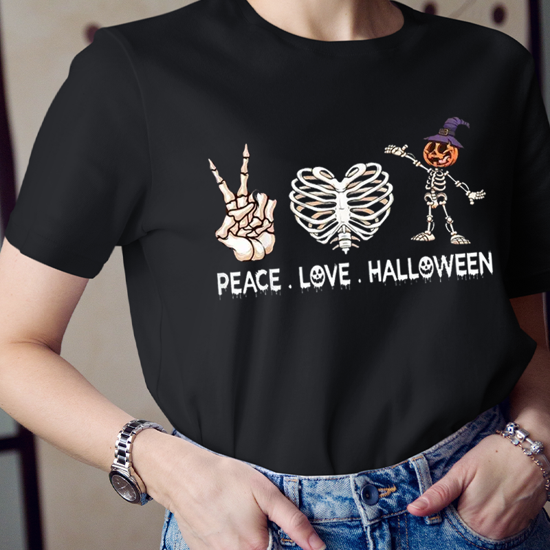 Peace And Love And Halloween Skeleton T-Shirt