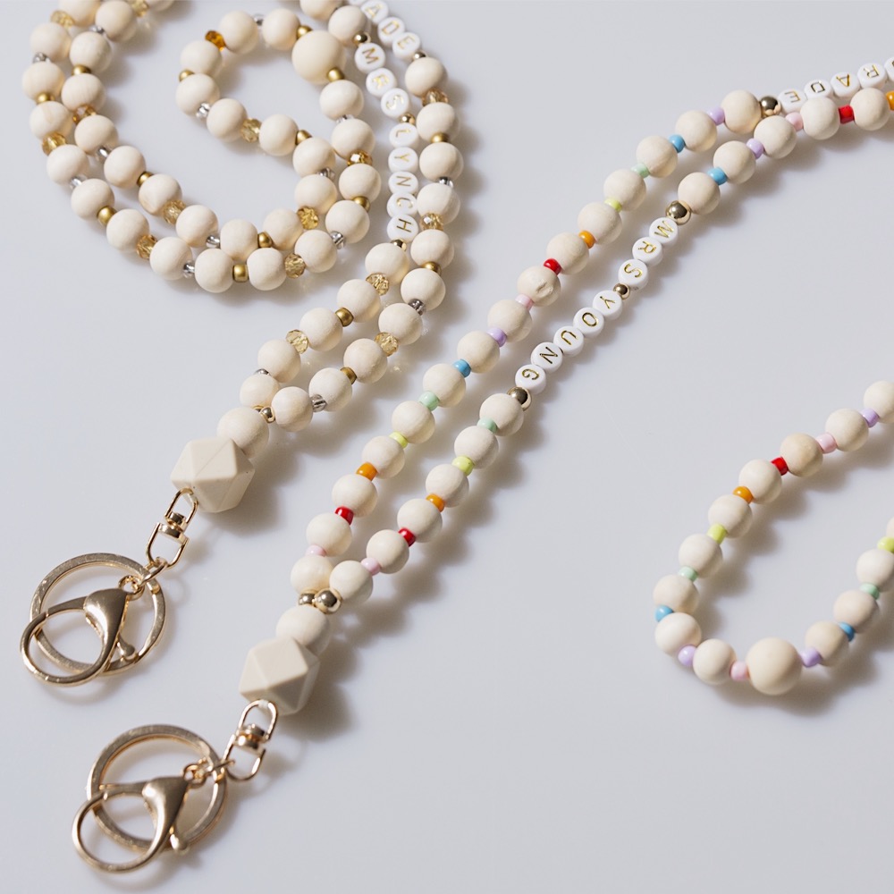 Personalized Multicolor Wooden Beads Teacher Name And Grade Lanyard