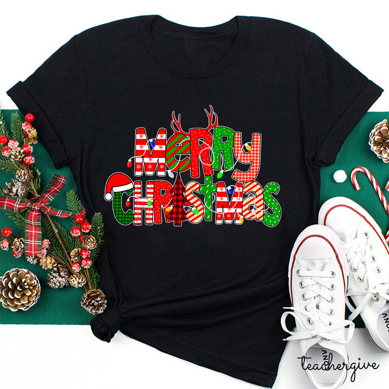 Merry Christmas With Rich Pattern Teacher T-Shirt