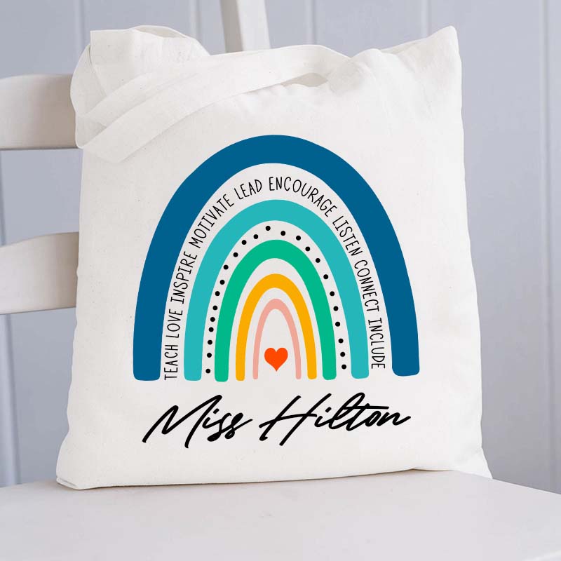 Personalized Teach Love Inspire Motivate Lead Encourage Listen Connect Include Teacher Tote Bag