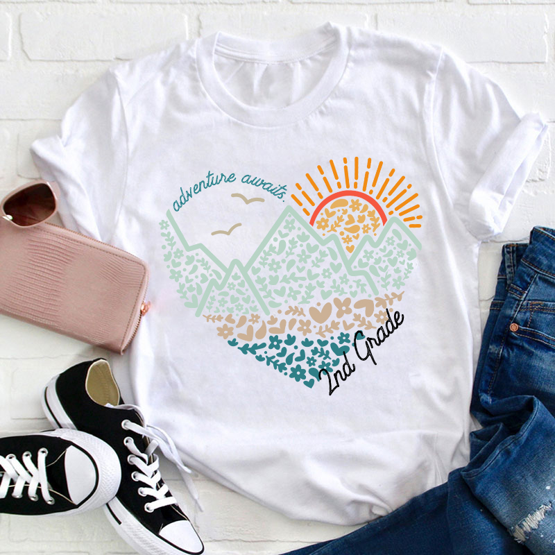 Personalized Grade Adventure Awaits Flower Mountain Sun Teacher T-Shirt