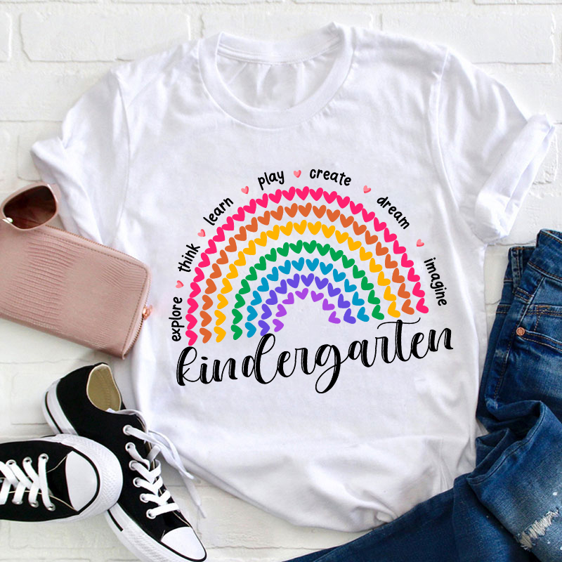 Personalized Grade Kindergarten Explore Think Learn Teacher T-Shirt