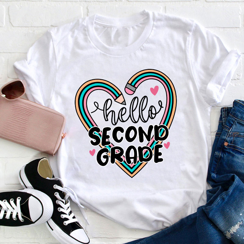 Personalized Grade Hello Pencil Heart Teacher T-Shirt