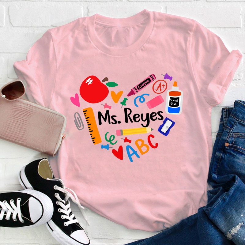 Personalized Name Heart Apple Pencil Ruler Teacher T-Shirt