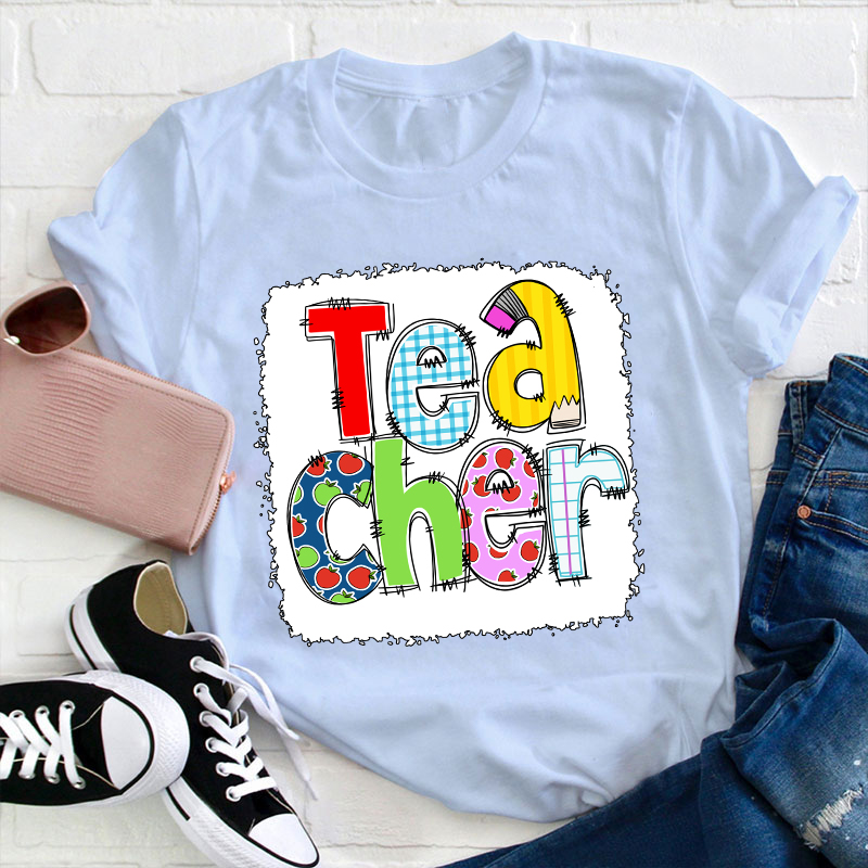 Teacher Letter Pencil Apple Pattern T-Shirt