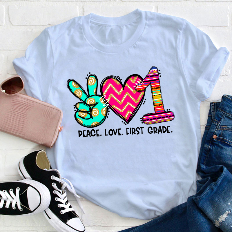 Personalized Grade Peace Love Teacher T-Shirt