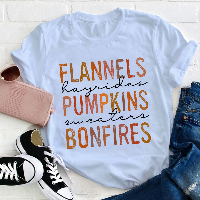 Flannels Pumpkins Bonfires Teacher T-Shirt