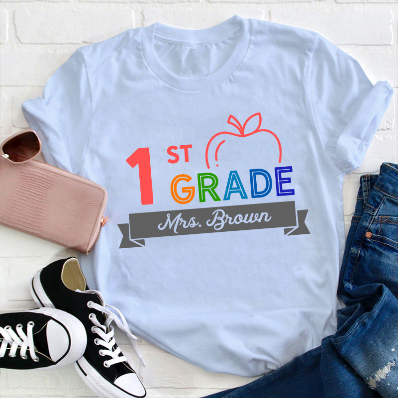 Personalized Name And Grade Apple Contracted Design Teacher T-Shirt