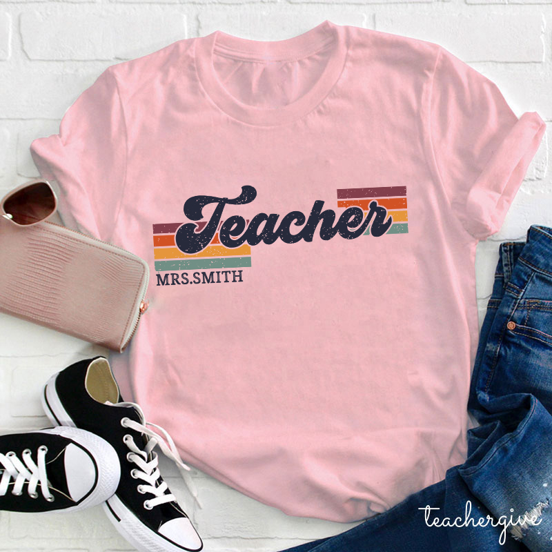Personalized Grade And Name Retro Horizontal Stripes Teacher T-Shirt