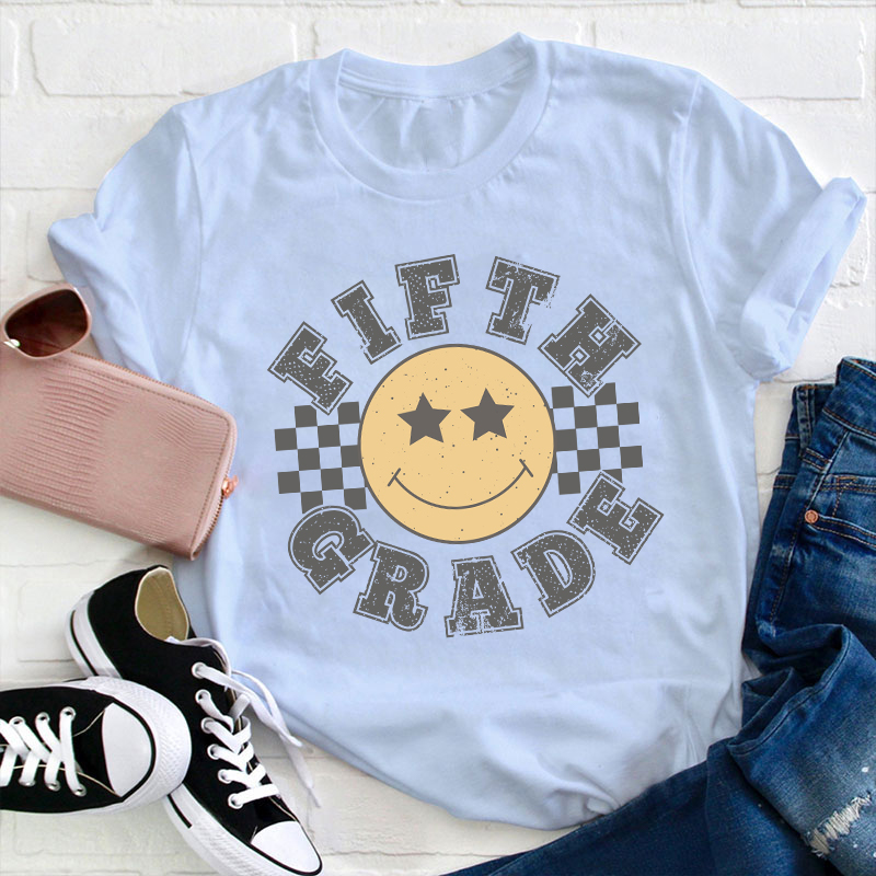 Personalized Grade Checkered Smiley Face Teacher T-Shirt