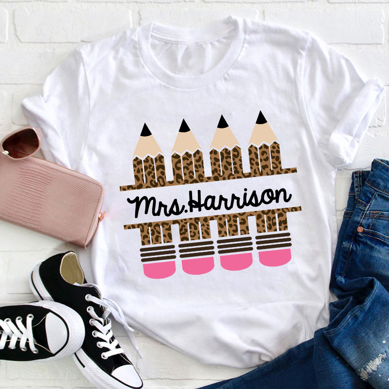 Personalized Name Pink Leopard Pencil Teacher T-Shirt Sale-Teachersgram