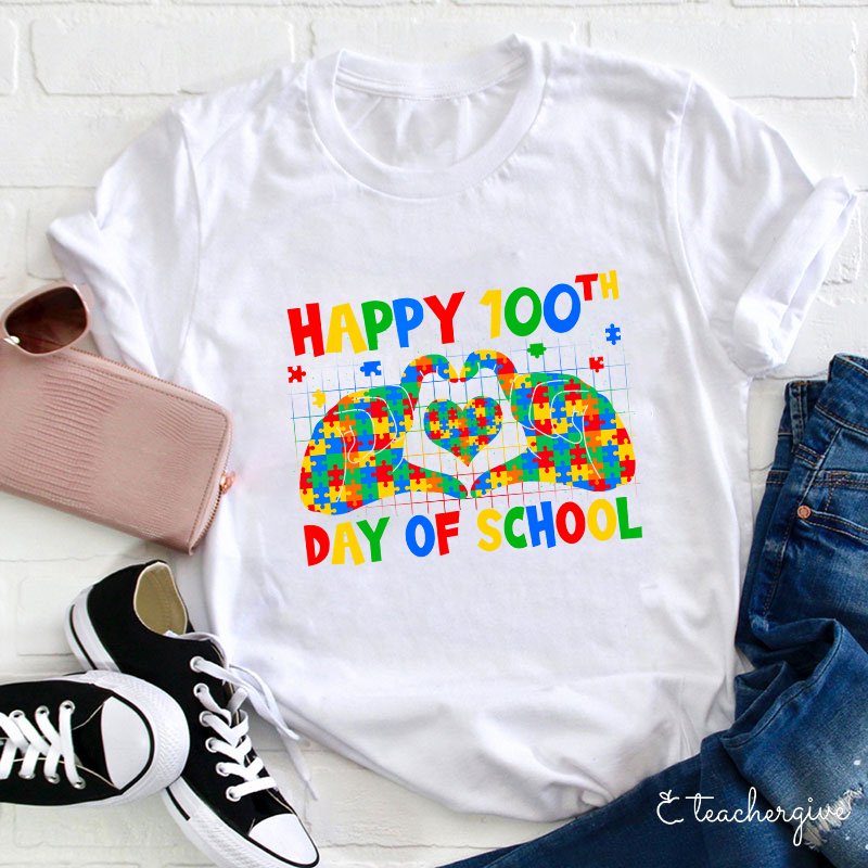 Happy 100th Day Of School Colorful Puzzles SLP Teacher T-Shirt