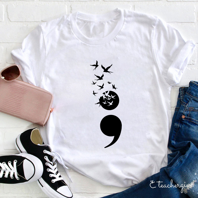 Birds Flying High Semicolon Teacher T-Shirt