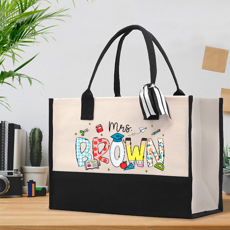 Personalized Name Cartoon Stationery Teacher Cotton Tote Bag