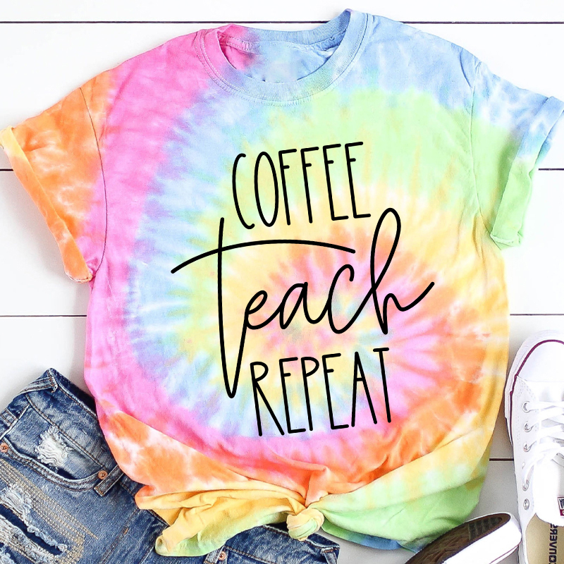 Coffee Teach Repeat Teacher Tie-dye T-Shirt