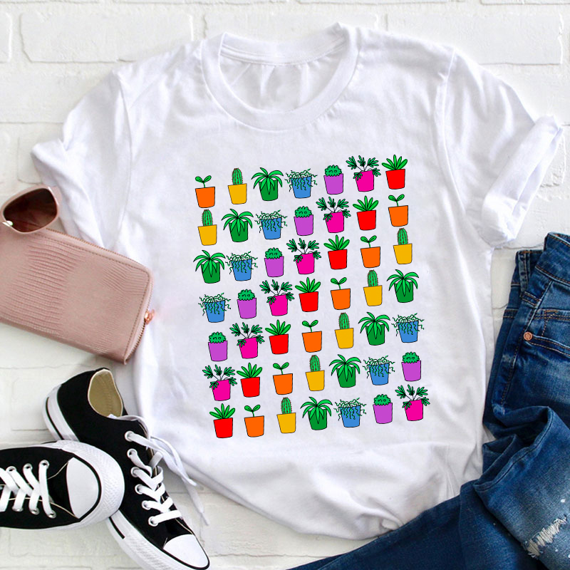 Colorful Potted Plant Teacher T-Shirt
