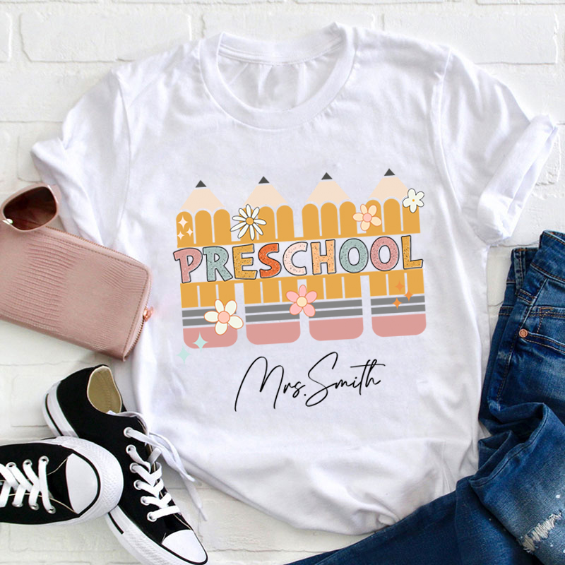 Personalized Name And Grade Pencil Flowers Teacher T-Shirt
