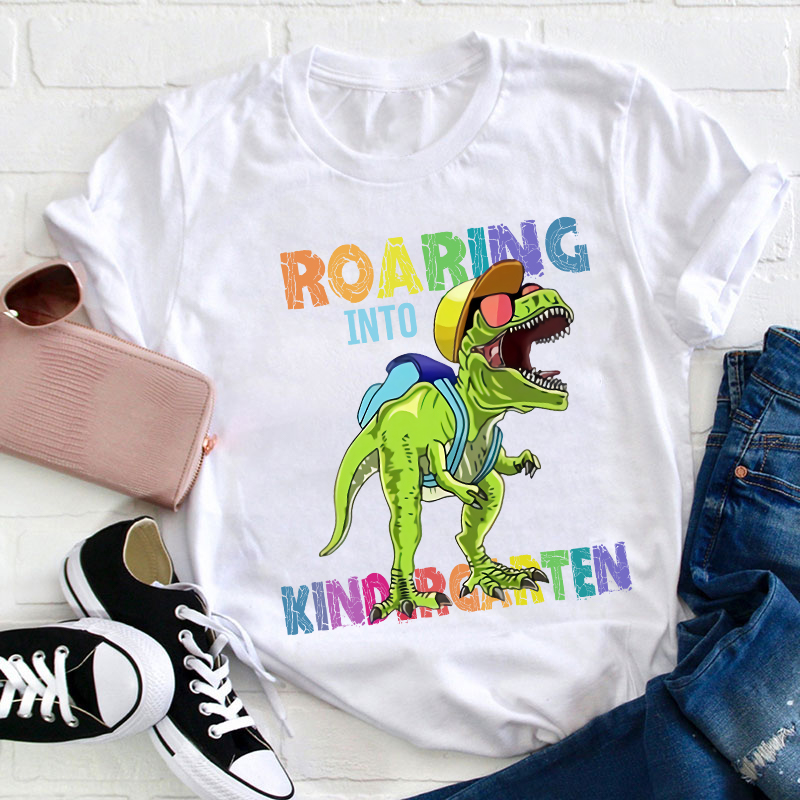 Personalized Roaring Into Kindergarten Dinosaur T-Shirt