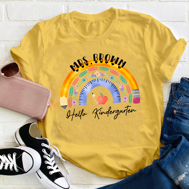 Personalized Name And Grade Ruler Pencil Apple Rainbow Teacher T-Shirt