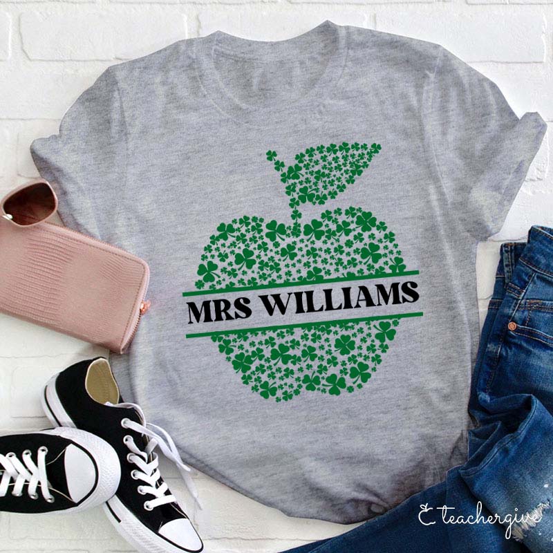 Personalized Name Apple-Shaped Clovers Teacher T-Shirt