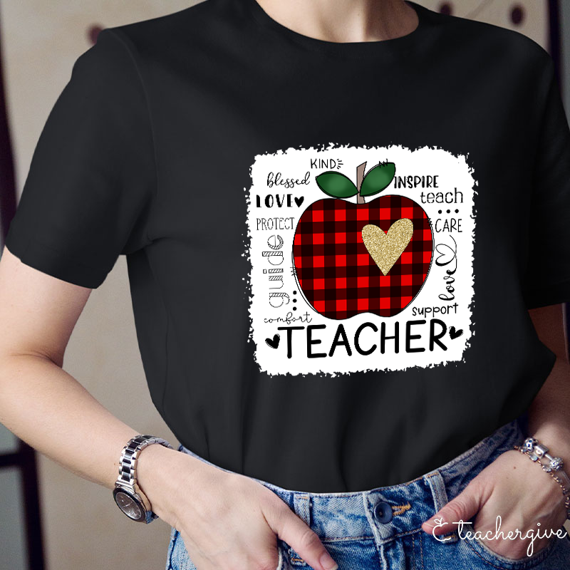 Red Plaid Apple Teacher Life Teacher T-Shirt