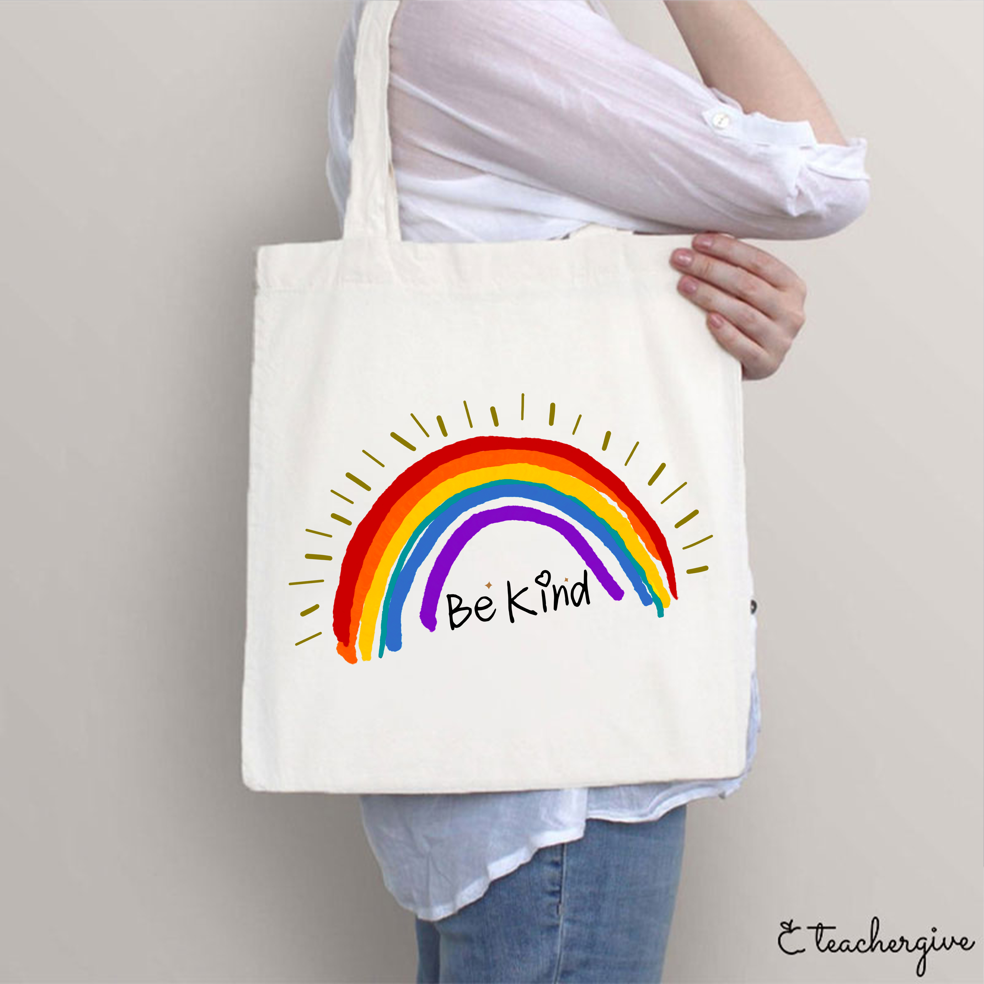 Be Kind Rainbow Stripe Teacher Tote Bag