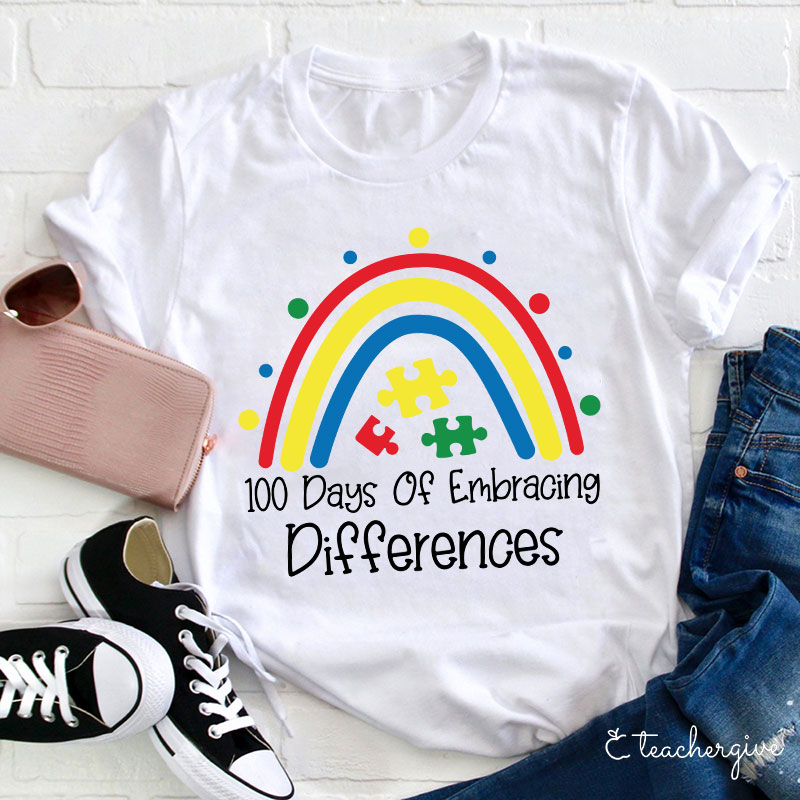 100 Days Of Embracing Differences Rainbow Puzzle Teacher T-Shirt