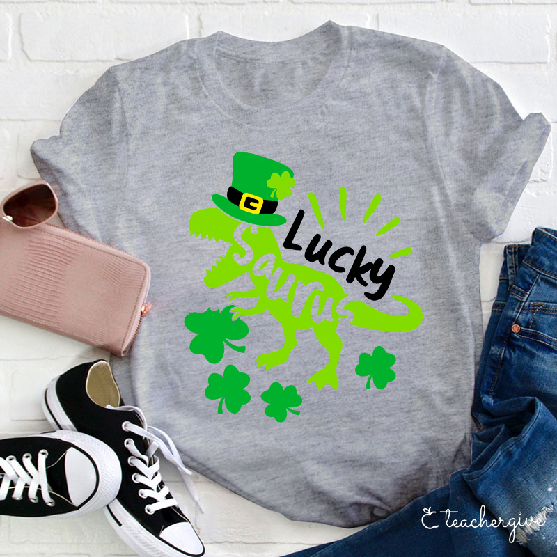 Luck Saurus Eating Clovers Teacher T-Shirt